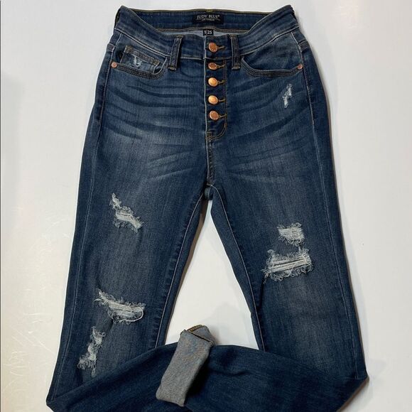 Judy Blue Distressed Skinny Woman’s Jeans High Rise Button Fly Sz 1 - Picture 1 of 13